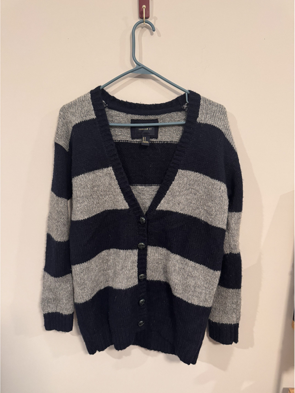 Forever 21 Striped Cardigan Sweater Womens Navy Blue Grey Knit Button Front Twee